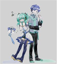 Rule 34 | 1boy, 1girl, :&gt;, adapted costume, aqua belt, aqua eyes, aqua hair, aqua scarf, arrow (symbol), back-to-back, bare shoulders, belt, black footwear, black pants, black shorts, black sleeves, blue belt, blue eyes, blue footwear, blue hair, blue nails, blue necktie, blush, boots, breast pocket, clenched hand, collared shirt, colored shoe soles, commentary, cosplay, costume switch, dark blue hair, detached sleeves, dorsiflexion, dot nose, dress, elbow rest, eyelashes, fingernails, front slit, full body, grey background, grey outline, grey shirt, hair between eyes, hair scarf, hand on own elbow, hand up, hands up, happy, hatsune miku, head tilt, headset, height difference, holding, holding hair, kaito (vocaloid), light smile, long hair, looking at another, looking down, looking up, loose belt, necktie, number tattoo, outline, pants, parted lips, pleated dress, pocket, sano (prsk kaito), scarf, shirt, shoe soles, shoes, short sleeves, shorts, shoulder tattoo, side-by-side, sideways glance, simple background, single vertical stripe, sleeveless, sleeveless dress, smile, standing, swept bangs, symbol-only commentary, tareme, tattoo, thigh boots, tie clip, twintails, very long hair, vocaloid, white dress, white sleeves, wide sleeves