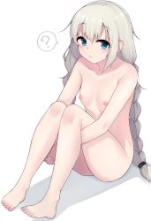 Rule 34 | 1girl, :/, ?, barefoot, blue eyes, blush, braid, breasts, completely nude, feet, full body, highres, hugging own legs, kizuna akari, knees up, long hair, nipples, nude, own hands together, paingumi, silver hair, simple background, sitting, small breasts, solo, speech bubble, spoken question mark, toes, twin braids, very long hair, voiceroid, white background
