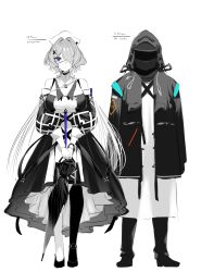 Rule 34 | 1boy, 1girl, absurdres, arknights, bare shoulders, closed umbrella, commentary, doctor (arknights), dress, full body, greyscale, hair ornament, hair over one eye, headdress, highres, holding, holding umbrella, hood, hooded jacket, infection monitor (arknights), jacket, limited palette, long hair, monochrome, purple eyes, shoes, simple background, standing, umbrella, very long hair, whisperain (arknights), white background, x hair ornament, xooku