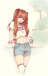 Rule 34 | 1girl, arms behind back, brown hair, cowboy shot, crop top, cup, drinking straw, feet out of frame, jasmin darnell, long hair, midriff, navel, neon genesis evangelion, parted lips, shirt, short sleeves, shorts, solo, souryuu asuka langley, thighhighs, traditional media, tree, white shirt, white thighhighs
