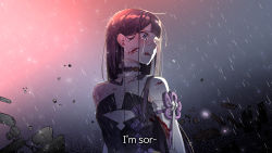 Rule 34 | 1girl, absurdres, black dress, blood, blood on clothes, blood on face, blood splatter, blunt bangs, crying, crying with eyes open, cutout above navel, dandandanholo, debris, dress, highres, hololive, hololive english, long hair, ninomae ina&#039;nis, ninomae ina&#039;nis (1st costume), purple hair, rain, short dress, solo, strapless, strapless dress, tears, tube dress, virtual youtuber