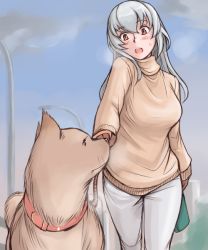 Rule 34 | 00s, 1girl, breasts, casual, day, dog, glasses, kunkun, large breasts, aged up, pants, rozen maiden, silver hair, sky, solo, suigintou, sweater, tsuda nanafushi
