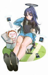 Rule 34 | 1girl, 1other, absurdres, doodle sensei (blue archive), black halo, black shirt, blue archive, blue hair, blush, bottle, closed mouth, cooler, fingernails, full body, grass, gym uniform, halo, heart, highres, knees, legs, long hair, looking at viewer, parted bangs, partially unzipped, purple eyes, purple hair, sensei (blue archive), shirt, short sleeves, simple background, sitting, smile, star on cheek, sweatdrop, water bottle, white background, yuuka (blue archive), yuuka (track) (blue archive), zhoi star