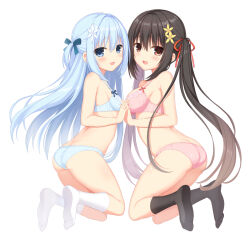 Rule 34 | 2girls, :d, ass, asymmetrical docking, back, black hair, black ribbon, black socks, blue eyes, blue hair, blue panties, blush, breast press, breasts, commentary request, double-parted bangs, eyes visible through hair, feet, flower, from side, full body, hair between eyes, hair flower, hair ornament, hair ribbon, highres, holding hands, hood, hood up, interlocked fingers, jumping, large breasts, legs, long hair, looking at viewer, multiple girls, no shoes, open mouth, original, panties, pink panties, red eyes, red ribbon, ribbon, sakura (utsumire), sideboob, simple background, small breasts, smile, socks, soles, thighs, twintails, two side up, underwear, underwear only, utsunomiya tsumire, very long hair, white background, white flower, white socks, yellow flower, yuki (utsumire)