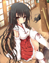 Rule 34 | 1girl, ahoge, black cat, black hair, blush, bow, breasts, brown eyes, cat, cherry blossoms, commentary, detached sleeves, frills, hair ornament, hakama, hakama short skirt, hakama skirt, hand on own knee, huei nazuki, japanese clothes, leg up, long hair, looking at viewer, miko, original, red bow, red ribbon, ribbon, ribbon-trimmed legwear, ribbon-trimmed sleeves, ribbon trim, sitting, skirt, smile, solo, string, string of fate, sunlight, thighhighs, thighs, very long hair