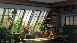 Rule 34 | book, bookshelf, ceiling, coffee table, commentary request, couch, cup, cushion, day, hanging plant, highres, indoors, leaf, light rays, mug, no humans, nowherecolor, original, palm leaf, picture frame, plant, potted plant, rug, shelf, sunlight, table, watering can, window, wooden floor