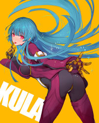 Rule 34 | 1girl, arms behind back, ass, belt, blue hair, bodysuit, breasts, character name, finger to face, gloves, highres, ice, kula diamond, leaning forward, long hair, long sleeves, medium breasts, oro (sumakaita), red eyes, sideboob, simple background, solo, the king of fighters, tongue, tongue out, yellow background