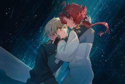 Rule 34 | 1boy, 1girl, closed eyes, dark skin, elan ceres, gloves, green eyes, gundam, gundam suisei no majo, hand on another&#039;s face, highres, lalatia-meai, long hair, long sleeves, looking at another, open mouth, ponytail, red hair, shooting star, short hair, smile, suletta mercury, thick eyebrows, white gloves