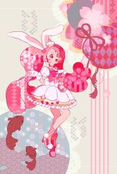 Rule 34 | 1girl, :d, animal ears, bow, bowtie, cake hair ornament, cure whip, floating hair, food-themed hair ornament, full body, gloves, hair ornament, highres, kirakira precure a la mode, long hair, miniskirt, open mouth, pink hair, precure, rabbit ears, red bow, red bowtie, red eyes, short sleeves, skirt, smile, solo, standing, strawberrylove2525, usami ichika, very long hair, white gloves, white skirt, white sleeves