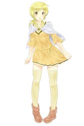 Rule 34 | 1girl, ankle boots, bad id, bad pixiv id, blonde hair, blush, boots, dan ball, full body, hidamari sketch, highres, looking at viewer, miyako (hidamari sketch), open mouth, pigeon-toed, simple background, skirt, solo, thighhighs, transparent background, white background, yellow eyes, yellow thighhighs