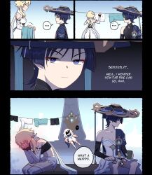 Rule 34 | ..., 1boy, 2girls, 4koma, annoyed, artist name, black sleeves, blonde hair, blush, closed eyes, closed mouth, comic, commentary, cup, dress, english commentary, english text, eyeliner, eyeshadow, floating, flower, genshin impact, gloves, hair flower, hair ornament, halo, hand on own knee, hands on own face, hanging in clothes, hat, highres, japanese clothes, kakaolikeslegs, looking at another, lumine (genshin impact), makeup, multiple girls, paimon (genshin impact), parted lips, pectoral cleavage, pectorals, red eyeliner, red eyeshadow, scaramouche (genshin impact), short hair with long locks, shorts, sidelocks, sitting, smile, speech bubble, standing, statue of the seven, unworn clothes, v-shaped eyebrows, wanderer (genshin impact), wet, white dress, white flower, white hair
