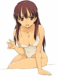Rule 34 | 1girl, arm support, breasts, brown eyes, brown hair, cleavage, clothes pull, covered erect nipples, jpeg artifacts, large breasts, long hair, morisawa haruyuki, one-piece swimsuit, one-piece swimsuit pull, original, pulling own clothes, solo, sweat, swimsuit