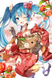 Rule 34 | 1girl, animal, bell, blue eyes, blue hair, blurry, blurry foreground, brown gloves, camellia, chinese zodiac, cow, fang, floral background, flower, fur-trimmed kimono, fur trim, gloves, hair flower, hair ornament, hatsune miku, highres, holding, holding animal, horns, japanese clothes, kikumon, kimono, leaf, legs up, looking at viewer, mukuro usss, neck bell, new year, obi, one eye closed, open mouth, petals, red flower, rope, sash, skin fang, smile, solo, vocaloid, year of the ox