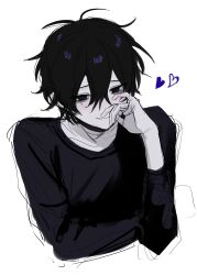 Rule 34 | 1boy, absurdres, bags under eyes, black eyes, black hair, black shirt, blush, closed mouth, cropped torso, hair between eyes, heart, highres, imai akira, long sleeves, looking at viewer, male focus, messy hair, mole, mole under eye, original, shirt, simple background, sketch, solo, upper body, white background