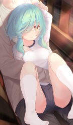 Rule 34 | 1boy, 1girl, ahoge, aqua hair, blush, book, breasts, bulge, collarbone, frown, grey pants, groin tendon, gym shirt, gym shorts, gym uniform, hand on own chest, head out of frame, highres, holding another&#039;s arm, indoors, kneehighs, komone ushio, lightning ahoge, long sleeves, looking at viewer, low twintails, medium breasts, medium hair, one eye covered, original, pants, shirt, short shorts, short sleeves, shorts, sidelocks, sitting, sitting on lap, sitting on person, socks, solo focus, thighs, torso grab, twintails, wavy mouth, white shirt, yellow eyes