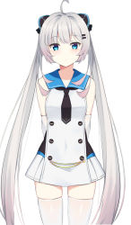 Rule 34 | 1girl, ahoge, arms behind back, azur lane, black necktie, blue eyes, blue sailor collar, blush, breasts, closed mouth, commentary request, dress, grey hair, hair ornament, hairclip, halsey powell (azur lane), kohakope, long hair, looking at viewer, necktie, pleated skirt, sailor collar, short necktie, sidelocks, simple background, skindentation, skirt, sleeveless, sleeveless dress, small breasts, solo, thighhighs, twintails, very long hair, white background, white dress, white skirt, white thighhighs