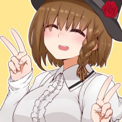Rule 34 | 1girl, :d, ^ ^, black hat, blush, braid, breasts, brown hair, brown ribbon, center frills, charlotte corday (fate), charlotte corday (third ascension) (fate), closed eyes, collared shirt, double v, facing viewer, fate/grand order, fate (series), flower, frills, hair between eyes, hair ribbon, hands up, hat, hat flower, i.u.y, long sleeves, medium breasts, open mouth, orange background, outline, red flower, red rose, ribbon, rose, shirt, sleeves past wrists, smile, solo, teeth, upper body, upper teeth only, v, white outline, white shirt