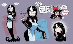 Rule 34 | 2girls, :d, apron, black dress, black hair, blue apron, blush, blush stickers, bow, bow hairband, contrapposto, curry, curry rice, dress, english text, closed eyes, fangs, food, hair bow, hairband, hand up, head tilt, heart, heart in mouth, highres, holding, index finger raised, long dress, long hair, multicolored hair, multiple girls, noss (rariatto), open mouth, original, rariatto (ganguri), red bow, red hairband, rice, smile, streaked hair, vampire, wavy mouth, zakuro (rariatto)