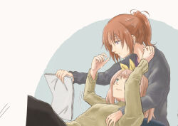 Rule 34 | 2girls, black sweater, blue background, bow hairband, brown hair, closed mouth, commentary request, curryisfriend, green sweater, hairband, hand on another&#039;s chest, hibike! euphonium, highres, holding, holding paper, light brown hair, liz to aoi tori, long hair, long sleeves, lying on lap, multiple girls, nakagawa natsuki, paper, ponytail, purple eyes, sweater, two-tone background, white background, yellow hairband, yoshikawa yuuko, yuri