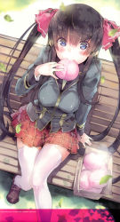 Rule 34 | 1girl, absurdres, bench, black hair, blazer, blue eyes, blurry, blush, breasts, cross regalia, depth of field, dumpling, eating, food, from above, highres, jacket, large breasts, leaf, loafers, long hair, looking at viewer, nata (cross regalia), plaid, plaid skirt, pleated skirt, scan, school uniform, shoes, sidelocks, sitting, skirt, smile, solo, steam, thighhighs, twintails, very long hair, white thighhighs, yuugen
