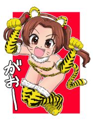 Rule 34 | 1girl, :d, alternate costume, animal ears, animal hands, animal print, bikini, boots, breasts, brown eyes, brown hair, claw pose, commentary, elbow gloves, fake animal ears, fake tail, fangs, fur collar, girls und panzer, gloves, kadotani anzu, long hair, looking at viewer, navel, open mouth, parted bangs, paw gloves, paw shoes, print bikini, print footwear, print gloves, red background, small breasts, smile, solo, standing, swimsuit, tail, takahashi kurage, thigh boots, thigh gap, thighhighs, tiger ears, tiger print, tiger tail, translated, twintails, yellow bikini, yellow footwear