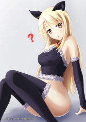 Rule 34 | 10s, 1girl, ?, animal ears, arm support, bare shoulders, bell, black thighhighs, blonde hair, blush, bottomless, breasts, brown eyes, collar, covered erect nipples, detached sleeves, fur trim, gradient background, highres, legs, long hair, looking at viewer, mimelex, neck bell, open mouth, sakura-sou no pet na kanojo, shiina mashiro, sitting, solo, thighhighs, yellow eyes