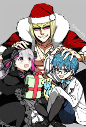 Rule 34 | 10s, 1boy, alternate costume, black-framed eyewear, blonde hair, blue eyes, blue hair, bow, box, christmas, fate/extra, fate/grand order, fate (series), gift, gift box, hair bow, hands on another&#039;s head, hans christian andersen (fate), hat, jewelry, kana, lab coat, crossed legs, looking at another, nursery rhyme (fate), open mouth, headpat, pink eyes, ring, sakata kintoki (fate), santa costume, santa hat, short hair, silver hair, sitting, sleeves past wrists, twitter username