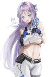 Rule 34 | 1girl, artist name, belt, belt pouch, black gloves, blue bow, blue eyes, blue gloves, bow, braid, breasts, buckle, cropped shirt, folkwang (nikke), food, food in mouth, gloves, goddess of victory: nikke, haakun, hair bow, highres, large breasts, light purple hair, long hair, mouth hold, navel, pants, popsicle, pouch, shirt, sidelocks, sleeveless, sleeveless shirt, solo, two-tone gloves, underboob, white pants