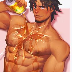Rule 34 | 1boy, abs, bara, beard, black hair, can, chest hair, close-up, dark skin, dark-skinned male, facial hair, highres, holding, holding can, large pectorals, likaou, looking at viewer, male focus, muscular, muscular male, nipples, original, pectoral focus, pectorals, topless male, short hair, simple background, solo, spilling, stubble, wet