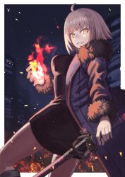 Rule 34 | 1girl, black pantyhose, black shirt, blue coat, border, breasts, brown pantyhose, building, coat, fate/grand order, fate (series), fire, fur-trimmed coat, fur trim, holding, holding staff, janoukyo19, jeanne d&#039;arc alter (fate), large breasts, long sleeves, looking at viewer, night, night sky, outdoors, outside border, pantyhose, pencil skirt, pyrokinesis, shirt, skirt, sky, smile, solo, staff, white border, yellow eyes
