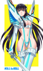 Rule 34 | 10s, 1girl, black hair, blue eyes, breasts, chauncey, cleavage, cleavage cutout, clothing cutout, copyright name, junketsu, kill la kill, kiryuuin satsuki, living clothes, long hair, navel, revealing clothes, serious, solo, sword, thighhighs, thong, weapon, wide hips