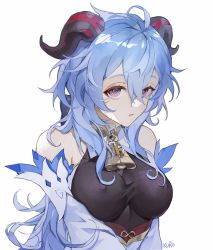Rule 34 | absurdres, ahoge, artist name, bare shoulders, bell, blue hair, breasts, covered erect nipples, curled horns, detached sleeves, ganyu (genshin impact), genshin impact, gold trim, highres, horns, kamui (kurohshiro1), long hair, looking at viewer, medium breasts, neck bell, purple eyes, sidelocks, simple background, solo, upper body, white background, white sleeves