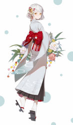 Rule 34 | 1girl, back bow, black skirt, blue flower, blush, bow, floral print, flower, flower request, from side, full body, ginxiee, highres, japanese clothes, kimono, large bow, looking at viewer, original, pleated skirt, red bow, red flower, sandals, short hair, simple background, skirt, skirt under kimono, socks, solo, standing, white background, white flower, white hair, white kimono, white socks, yellow eyes, yellow flower