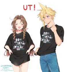 Rule 34 | 1boy, 1girl, aerith gainsborough, asymmetrical hair, bandaid, black shirt, blonde hair, blouse, blue eyes, blush, brown hair, closed eyes, clothes lift, cloud strife, curly hair, denim, earrings, fangs, final fantasy, final fantasy vii, final fantasy vii remake, hair ribbon, highres, jeans, jewelry, krudears, no pants, open mouth, pants, parted bangs, ponytail, print shirt, ribbon, shirt, shirt lift, sidelocks, single earring, spiked hair, square enix, t-shirt, uniqlo, upper body, white background