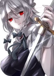 Rule 34 | 1girl, bad id, bad twitter id, blue dress, bow, braid, breasts, brooch, commentary request, dagger, dress, fingernails, grey bow, grey ribbon, hair between eyes, hair bow, hand up, head tilt, highres, holding, holding dagger, holding knife, holding weapon, izayoi sakuya, jan (lightdragoon), jewelry, knife, large breasts, looking at viewer, maid, maid headdress, neck ribbon, one-hour drawing challenge, parted lips, puffy short sleeves, puffy sleeves, red eyes, reverse grip, ribbon, shirt, short hair, short sleeves, silver hair, simple background, solo, touhou, twin braids, upper body, weapon, white background, white shirt, wrist cuffs