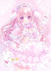 Rule 34 | 1girl, absurdres, animal ears, bare legs, blush, bow, bowtie, breasts, chiika (cure cherish), dress, hair bow, highres, large breasts, long hair, looking at viewer, original, pink dress, pink eyes, pink hair, rabbit, rabbit ears, ribbon, scrunchie, short sleeves, wand, wrist scrunchie