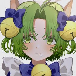 Rule 34 | 1girl, :t, bell, blue bow, blush, bow, cream, cream on face, dejiko, di gi charat, dot nose, food, food on face, green eyes, green hair, grey background, hair bell, hair bow, hair ornament, highres, iwawa, jingle bell, looking to the side, neck bell, parted bangs, portrait, short hair, solo