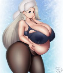 Rule 34 | 1girl, areola slip, blue eyes, bra, breasts, coffeeslice, creatures (company), female focus, game freak, hat, highres, huge breasts, lactation, lactation through clothes, large areolae, lips, long hair, mature female, melony (pokemon), nintendo, nursing bra, pantyhose, pokemon, pokemon swsh, pregnant, solo, thick lips, thick thighs, thighs, underwear, veins, veiny breasts, white hair, wide hips