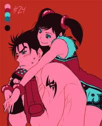 Rule 34 | 1boy, 1girl, black hair, blush, bracelet, carrying, china dress, chinese clothes, closed mouth, color guide, cristina massanell, dress, fingerless gloves, gloves, hair ornament, jewelry, kazama jin, ling xiaoyu, looking at another, looking away, looking down, markings, muscular, piggyback, topless male, short twintails, simple background, smile, smirk, smug, sweatdrop, tekken, twintails, upper body