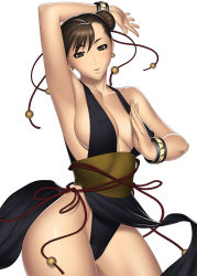Rule 34 | 1girl, absurdres, alternate costume, armpits, arms up, black panties, blush, bracelet, breasts, brown eyes, brown hair, cameltoe, capcom, china dress, chinese clothes, chun-li, cleavage, double bun, dress, hair bun, highres, jewelry, kansuke, large breasts, looking at viewer, panties, short hair, simple background, spiked bracelet, spikes, standing, street fighter, street fighter iv (series), underwear, white background