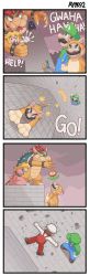 Rule 34 | 1girl, 3boys, 4koma, absurdres, animal costume, animal ears, artist name, ayyk92, blonde hair, blue eyes, blue overalls, bound, bowser, brothers, brown hair, cat costume, cat ears, cat mario, cat tail, climbing, comic, commentary, crack, cracked floor, crown, dress, emphasis lines, english commentary, english text, facial hair, fallen down, fire flower, fire mario, gameplay mechanics, hat, highres, laughing, long hair, long sleeves, looking at another, luigi, mario, mario (series), motion lines, multiple boys, mustache, nintendo, overalls, princess peach, rope, siblings, standing, super mario 3d world, surprised, sweater, tail, v-shaped eyebrows, wide-eyed