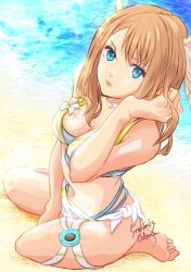 Rule 34 | 1girl, absurdres, bikini, blonde hair, blue eyes, breast tattoo, breasts, brown hair, choker, cleavage, eunie (xenoblade), head wings, highres, large breasts, long hair, looking at viewer, medium hair, outdoors, solo, starbacks udon, swimsuit, tattoo, white wings, wings, xenoblade chronicles (series), xenoblade chronicles 3