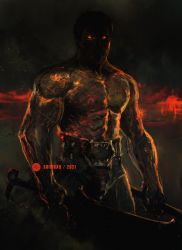 Rule 34 | 1boy, absurdres, berserk, black hair, closed mouth, dual wielding, glowing, glowing eyes, highres, holding, holding sword, holding weapon, looking at viewer, male focus, muscular, muscular male, pectorals, scar, scar on chest, shaded face, shimhaq, short hair, solo, standing, sword, topless male, very short hair, weapon, zodd (berserk)