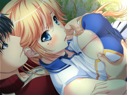 Rule 34 | 1girl, anna belmonte, blonde hair, blue eyes, blush, grabbing another&#039;s breast, breasts, cheerleader, choker, cleavage, cleavage cutout, clothing cutout, covered erect nipples, from above, game cg, grabbing, grabbing from behind, large breasts, long hair, looking at viewer, marushin (denwa0214), mole, ponytail, skirt, standing, supokon! sports wear complex, tsuji tatsuya