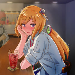 Rule 34 | 1girl, absurdres, aki rosenthal, alcohol, blonde hair, blue jacket, blush, casual, collared dress, cup, detached hair, dress, drinking glass, drunk, hair ornament, head hug, head rest, headgear, highres, hololive, huge filesize, jacket, looking at viewer, low twintails, parted lips, purple eyes, rosen-tai, short hair, short sleeves, sitting, twintails, uniazi mikan, virtual youtuber