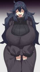 Rule 34 | 1girl, absurdres, blush, breasts, chamchami, creatures (company), curvy, dress, facing viewer, game freak, hair between eyes, half-closed eyes, hex maniac (pokemon), highres, huge breasts, looking at viewer, naughty face, nintendo, open mouth, plump, pokemon, pokemon xy, purple dress, purple eyes, purple hair, smile, solo, standing, taut clothes, taut dress, thick eyebrows, tongue, tongue out, wide hips