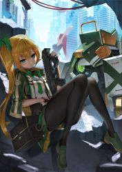 Rule 34 | 2girls, ahoge, arms up, ass, bag, bare arms, bare shoulders, black gloves, black legwear, black shirt, blonde hair, blush, breasts, building, capelet, commentary request, fingerless gloves, gloves, green capelet, green eyes, green footwear, green neckwear, green ribbon, green skirt, gun, hair between eyes, hair ribbon, highres, holding, holding gun, holding weapon, hood, hooded capelet, knees up, large breasts, long hair, medium breasts, multiple girls, necktie, original, pantyhose, red hair, ribbon, rifle, robot, scottie (phantom2), shirt, shoes, side ponytail, sitting, skirt, sleeveless, sleeveless shirt, stretching, thighs, very long hair, weapon