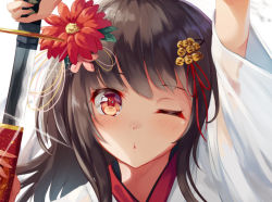 Rule 34 | 1girl, bell, blush, brown hair, close-up, flower, hair bell, hair flower, hair ornament, holding, holding sword, holding weapon, igayan, japanese clothes, jingle bell, katana, long hair, looking at viewer, one eye closed, original, pursed lips, red eyes, red flower, sheath, simple background, solo, sword, unsheathing, weapon, white background, wide sleeves