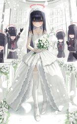 Rule 34 | 6+girls, absurdres, alternate costume, arms up, bare shoulders, beret, black choker, black hair, black headwear, black sailor collar, black serafuku, black shirt, black skirt, blue archive, blush, bouquet, breasts, bridal veil, choker, closed mouth, dress, eyes visible through hair, faceless, faceless female, flower, full body, hair over eyes, halo, hat, hidulume, highres, holding, holding bouquet, indoors, jewelry, justice task force member (blue archive), long hair, looking at another, looking at viewer, multiple girls, neckerchief, necklace, open mouth, own hands together, petals, pleated skirt, red eyes, red halo, red neckerchief, sailor collar, school uniform, serafuku, shirt, skirt, small breasts, smile, standing, strapless, strapless dress, thighhighs, tiara, veil, wedding dress, white choker, white dress, white flower, white footwear, white thighhighs