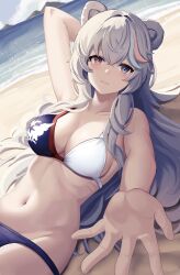 Rule 34 | 1girl, animal ears, arknights, arm up, bare shoulders, beach, bear ears, blue eyes, blue sky, breasts, cleavage, cloud, commentary, day, dutch angle, groin, heterochromia, highres, large breasts, long hair, looking at viewer, navel, outdoors, pink eyes, rosa (arknights), sky, solo, stomach, upper body, ursus empire logo, very long hair, white hair, yan kodiac